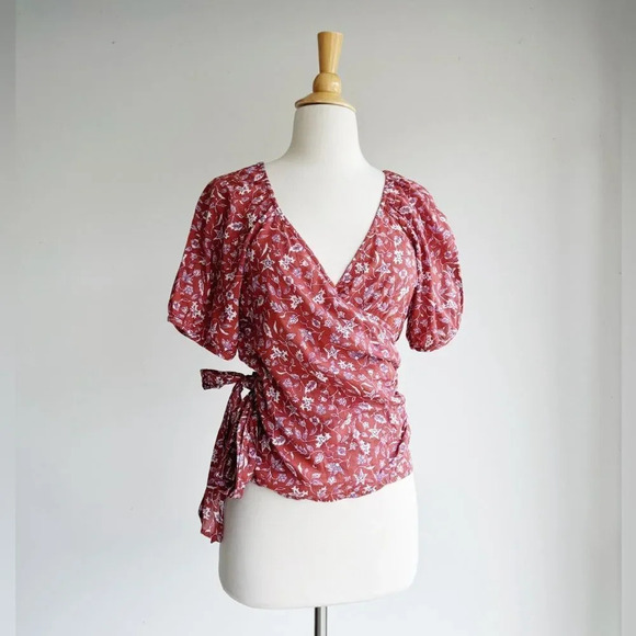 MADEWELL | Puff-Sleeve Wrap Crop Top in Batik Vine | S - Picture 1 of 4